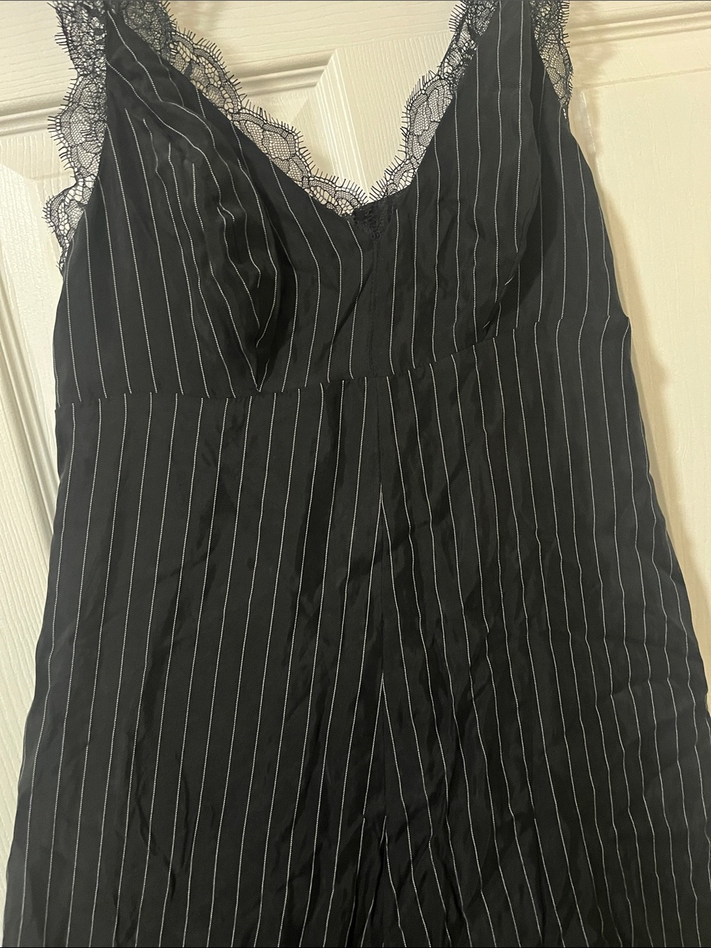 All Saints Black Pinstripe Lace-Trim Asymmetric Slip Dress - Picture 2 of 4